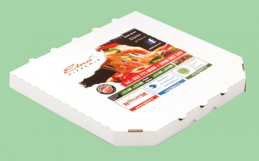 Pizza krabica so samolepkou (reklamou).